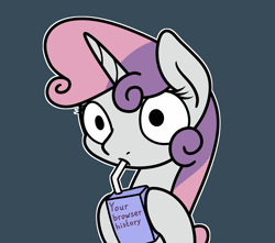 Size: 2048x1814 | Tagged: safe, artist:ewoudcponies, derpibooru import, sweetie belle, pony, unicorn, g4, blue background, bust, dark blue background, drink, drinking, female, filly, foal, hoof hold, horn, juice, juice box, no iris, outline, simple background, solo, text, white outline