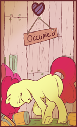 Size: 2620x4338 | Tagged: safe, artist:stratodraw, derpibooru import, apple bloom, earth pony, pony, fanfic:occupied, blank flank, bloom butt, butt, desperation, fanfic art, featureless crotch, female, filly, foal, need to pee, omorashi, plot, potty emergency, potty time, scrunchy face, solo, watersports