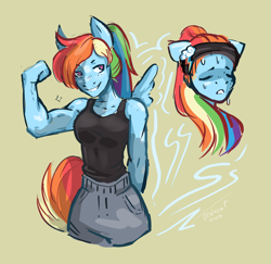 Size: 3136x3054 | Tagged: safe, artist:ordoset, derpibooru import, rainbow dash, anthro, pegasus, bicep, clothes, female, flexing, grin, muscles, pants, rainbuff dash, simple background, smiling, solo, sweat, sweatband, sweating profusely, sweatpants, tanktop