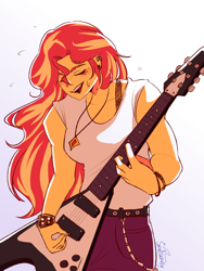 Size: 900x1200 | Tagged: safe, artist:sadscruffy, derpibooru import, sunset shimmer, human, equestria girls, g4, electric guitar, eyes closed, female, gradient background, guitar, jewelry, musical instrument, necklace, open mouth, open smile, smiling, solo