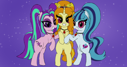 Size: 4096x2160 | Tagged: safe, artist:suryfromheaven, derpibooru import, adagio dazzle, aria blaze, sonata dusk, earth pony, pony, unicorn, equestria girls, g4, rainbow rocks, bipedal, choker, cutie mark, earth pony aria blaze, earth pony sonata dusk, equestria girls ponified, female, glare, gradient background, horn, hug, looking at you, mare, pigtails, ponified, rainbow rocks 10th anniversary, species swap, unicorn adagio dazzle