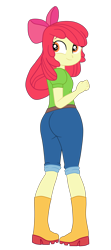 Size: 1900x4295 | Tagged: safe, artist:gmaplay, derpibooru import, apple bloom, equestria girls, g4, apple bloom's bow, bloom butt, boots, bow, butt, clothes, denim, hair bow, jeans, looking at you, looking back, pants, rear view, shoes, simple background, solo, transparent background