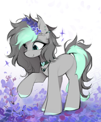 Size: 1645x1985 | Tagged: safe, artist:lerkfruitbat, derpibooru import, oc, oc only, oc:opal stone, earth pony, pony, ear piercing, earring, earth pony oc, female, flower, flower in hair, jewelry, mare, piercing, raised hoof, raised leg, smiling, solo, tail