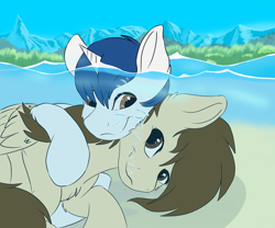 Size: 2400x2000 | Tagged: safe, artist:aegishailstorm, derpibooru import, oc, oc only, oc:aegis hailstorm, oc:azure trailblazer, pegasus, unicorn, bubble, cuddling, cute, horn, hug, hug from behind, looking at each other, male, mountain, stallion, underwater, water