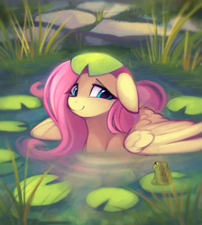 Size: 1954x2185 | Tagged: safe, artist:lerkfruitbat, derpibooru import, fluttershy, frog, pegasus, pony, g4, cute, ears, female, floppy ears, lilypad, mare, outdoors, partially submerged, shyabetes, smiling, solo, swamp, wings