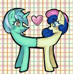 Size: 1271x1274 | Tagged: safe, artist:grim_the_end, derpibooru import, bon bon, lyra heartstrings, sweetie drops, earth pony, pony, unicorn, abstract background, conjoined, conjoined twins, female, horn, lesbian, lyrabon, open mouth, open smile, pushmi-pullyu, shipping, smiling, stitched body