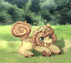 Size: 1807x1605 | Tagged: safe, artist:grim_the_end, derpibooru import, oc, oc only, earth pony, pony, brown mane, brown tail, cute, detailed background, earth pony oc, grass, leaning, ocbetes, open mouth, open smile, smiling, tail, yellow coat