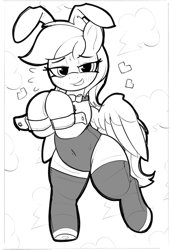 Size: 878x1287 | Tagged: safe, artist:pabbley, derpibooru import, rainbow dash, pegasus, pony, g4, bedroom eyes, bipedal, black and white, bowtie, bunny suit, clothes, cute, dashabetes, emanata, female, floating heart, grayscale, grin, heart, hooves together, looking at you, mare, monochrome, necktie, plewds, simple background, smiling, smiling at you, solo, standing, standing on one leg, stockings, sweat, sweatdrops, thigh highs, white background, wide hips