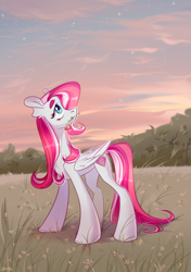 Size: 1748x2480 | Tagged: safe, artist:k0potb, derpibooru import, pegasus, pony, diamond rose, female, field, flower, grass, grass field, mare, mouth hold, outdoors, sky, solo, sunset