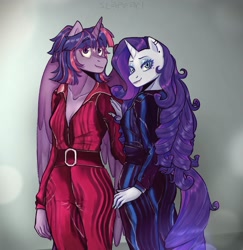 Size: 1700x1750 | Tagged: safe, artist:slapearl, derpibooru import, rarity, twilight sparkle, twilight sparkle (alicorn), alicorn, anthro, unicorn, clothes, duo, duo female, female, horn, lesbian, rarilight, shipping