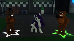 Size: 830x466 | Tagged: safe, derpibooru import, rarity, pony, unicorn, crossover, female, five nights at freddy's, freddy fazbear, game screencap, horn, mare, roblox