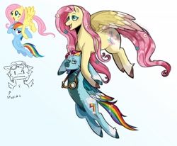 Size: 2250x1850 | Tagged: safe, artist:slapearl, derpibooru import, fluttershy, rainbow dash, pegasus, pony, alternate design, duo, duo female, female, goggles, holding a pony, open mouth, open smile, rainbow dash is not amused, simple background, smiling, unamused, white background