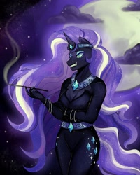 Size: 2000x2500 | Tagged: safe, artist:slapearl, derpibooru import, nightmare rarity, alicorn, anthro, detailed background, grin, moon, night, sky, smiling, solo, standing