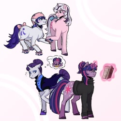 Size: 2500x2500 | Tagged: safe, artist:slapearl, derpibooru import, glory, rarity, twilight, twilight sparkle, twilight sparkle (alicorn), unicorn twilight, alicorn, pony, unicorn, g1, g4, 2024, abstract background, alternate timeline, book, clothes, female, glasses, helmet, holding hooves, lesbian, levitation, magic, mare, nightmare takeover timeline, question mark, rarilight, roller skates, round glasses, shipping, skates, sweater, telekinesis, thought bubble, turtleneck