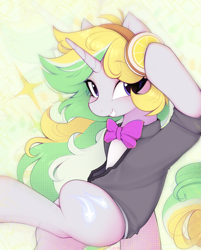 Size: 1525x1901 | Tagged: safe, artist:lerkfruitbat, derpibooru import, oc, oc only, oc:lemonswoosh, pony, unicorn, blushing, bowtie, clothes, commission, female, food, headphones, horn, lemon, mare, necktie, smiling, solo, suit, unicorn oc