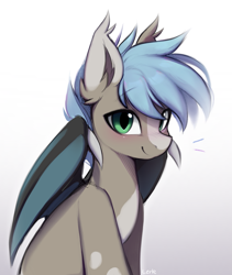 Size: 1647x1951 | Tagged: oc name needed, safe, artist:lerkfruitbat, derpibooru import, oc, oc only, bat pony, pony, bat pony oc, bat wings, blushing, ear fluff, ear tufts, ears, gradient background, looking at you, partially open wings, slit eyes, smiling, smiling at you, solo, wings