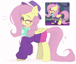 Size: 1977x1670 | Tagged: safe, alternate version, artist:lerkfruitbat, derpibooru import, fluttershy, pegasus, pony, fake it 'til you make it, g4, alternate hairstyle, clothes, dissonant caption, ear fluff, ears, female, folded wings, glasses, hat, hipstershy, looking at you, mare, meme, one eye closed, scarf, screencap reference, shoplifting, simple background, smiling, smiling at you, solo, tail, text, white background, wings, wink, winking at you