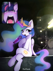 Size: 905x1207 | Tagged: safe, alternate version, artist:lerkfruitbat, derpibooru import, princess celestia, twilight sparkle, alicorn, pony, g4, bereal., crossed legs, crown, crying, drum kit, drums, ethereal mane, ethereal tail, faic, female, folded wings, glowing, glowing horn, horn, jewelry, levitation, lights, magic, magic aura, mare, meme, microphone, musical instrument, open mouth, picture-in-picture, ponies sitting like humans, ponified, ponified meme, regalia, screaming, screaming fan meme, singing, sitting, stage, tail, telekinesis, wings