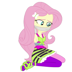 Size: 2000x2000 | Tagged: safe, artist:nie-martw-sie-o-mnie, derpibooru import, fluttershy, human, equestria girls, g4, rainbow rocks, bondage, butterfly hairpin, cloth gag, clothes, female, femsub, fluttersub, gag, high heels, kneeling, leggings, shoes, simple background, skinny, solo, submissive, tape, tape bondage, thin, transparent background