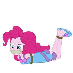 Size: 2000x2000 | Tagged: safe, artist:nie-martw-sie-o-mnie, derpibooru import, pinkie pie, human, equestria girls, g4, bondage, bound and gagged, cloth gag, clothes, female, femsub, gag, lying down, pajamas, pinkiesub, rope, rope bondage, simple background, slippers, solo, submissive, transparent background