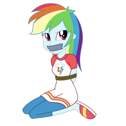 Size: 2000x2000 | Tagged: safe, artist:nie-martw-sie-o-mnie, derpibooru import, rainbow dash, human, equestria girls, g4, bondage, clothes, dashsub, female, femsub, gag, kneeling, pajamas, rope, rope bondage, simple background, slippers, solo, submissive, tape, tape gag, transparent background