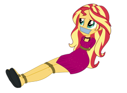 Size: 2734x2000 | Tagged: safe, artist:nie-martw-sie-o-mnie, derpibooru import, sunset shimmer, human, equestria girls, g4, spring breakdown, bondage, bound and gagged, clothes, dress, equestria girls specials, female, femsub, gag, rope, rope bondage, sandals, simple background, sitting, solo, submissive, subset, tape, tape gag, transparent background