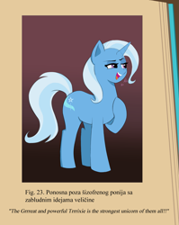 Size: 1975x2481 | Tagged: safe, artist:lillslim, derpibooru import, trixie, pony, unicorn, g4, book, bosnian, digital art, drawthread, female, full body, horn, mare, meme, open mouth, ponified, psychiatry, punitive psychiatry, raised hoof, raised leg, requested art, smug, solo, species swap, text