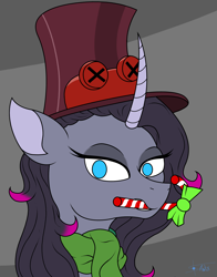 Size: 2200x2800 | Tagged: safe, artist:anix_space, derpibooru import, oleander, unicorn, them's fightin' herds, bust, candy, clothes, commission, community related, food, hat, horn, portrait, scarf