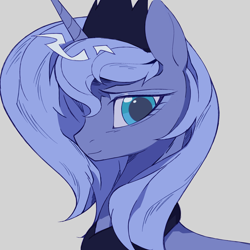 Size: 2048x2048 | Tagged: safe, artist:6ji5z6gmst1j2vs, derpibooru import, princess luna, alicorn, pony, g4, bust, female, gray background, looking at you, mare, portrait, s1 luna, simple background, solo