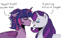 Size: 1600x1000 | Tagged: safe, artist:slapearl, derpibooru import, rarity, twilight sparkle, twilight sparkle (alicorn), alicorn, pony, unicorn, duo, duo female, english, eyes closed, female, horn, imminent kissing, lesbian, mare, rarilight, shipping, simple background, white background