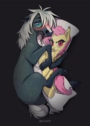 Size: 2500x3500 | Tagged: safe, artist:hattiezazu, derpibooru import, fluttershy, oc, oc:tenderness, bat pony, horse, pony, undead, bat ponified, blushing, body pillow, flutterbat, hug, pillow, pillow hug, race swap, signature, solo