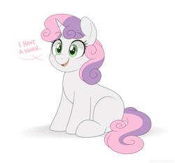 Size: 1559x1454 | Tagged: safe, artist:higglytownhero, derpibooru import, sweetie belle, pony, unicorn, g4, blank flank, blush lines, blushing, captain obvious, cute, dialogue, diasweetes, eye clipping through hair, female, filly, foal, horn, looking offscreen, mare, open mouth, open smile, simple background, sitting, smiling, solo, tail, truth, two toned mane, two toned tail, white background, white coat