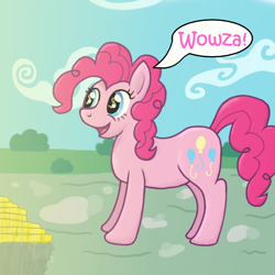 Size: 1024x1024 | Tagged: safe, artist:sewaddle36, derpibooru exclusive, derpibooru import, pinkie pie, earth pony, pony, g4, bits, female, gold, happy, smiling, solo, speech bubble, text