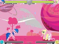 Size: 993x745 | Tagged: safe, artist:tom artista, derpibooru import, angel bunny, firefly, fluttershy, rainbow dash, pegasus, pony, rabbit, fighting is magic, g1, g4, animal, bipedal, game screencap, pink, planet, space, stage, tree