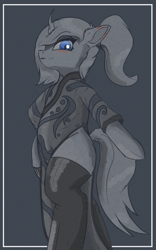 Size: 500x800 | Tagged: safe, artist:higherarch, derpibooru import, oc, oc only, oc:violet nebula, changeling, bipedal, blushing, border, changeling oc, clothes, curved horn, dress, ear blush, eyeshadow, horn, looking at you, looking down, looking down at you, makeup, monochrome, ponytail, shine, simple background, simple shading, sketch, slit eyes, smiling, smirk, socks, solo, strutting, thigh highs