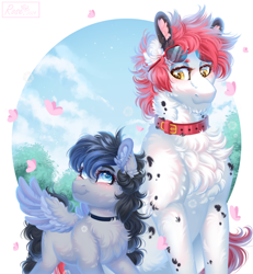 Size: 2400x2600 | Tagged: safe, artist:roselord, derpibooru import, oc, oc only, oc:cobalt, butterfly, earth pony, pegasus, pony, chest fluff, commission, cute, daughter, duo, ear fluff, ears, family, father and child, father and daughter, female, like father like daughter, like parent like child, male, parent and child, ych result