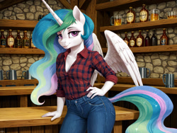 Size: 1920x1440 | Tagged: safe, ai content, artist:dovakkins, derpibooru import, machine learning assisted, princess celestia, alicorn, anthro, pony, g4, bar, bedroom eyes, breasts, cleavage, clothes, cute, denim, female, hand on hip, horn, jeans, mare, missing accessory, pants, plaid shirt, princess breastia, pub, shirt, tail, watermark, wavy mane, wavy tail, wide hips, wings