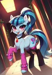 Size: 1832x2616 | Tagged: safe, ai content, derpibooru import, machine learning generated, sonata dusk, pony, g4, blushing, clothes, gem, long socks, looking at you, open mouth, open smile, ponified, prompter:kuporosso, siren gem, smiling, smiling at you, socks, solo, species swap