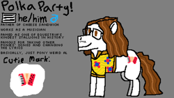 Size: 1920x1080 | Tagged: safe, artist:44nifty, derpibooru import, oc, oc only, oc:polka party, earth pony, pony, accordion, brown eyes, brown mane, clothes, facial hair, glasses, hawaiian shirt, implied cheese sandwich, moustache, musical instrument, ponified celebrity, ponified music artist, ponified musician, reference sheet, shirt, solo, wavy mane, weird al yankovic, white coat