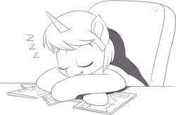 Size: 1274x832 | Tagged: safe, artist:nauyaco, derpibooru import, oc, pony, unicorn, female, horn, mare, monochrome, sleeping, solo