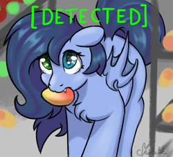 Size: 746x677 | Tagged: safe, artist:marbatra, derpibooru import, oc, oc:blue moon, bat pony, fallout equestria, food, mango, puppy dog eyes, stealing