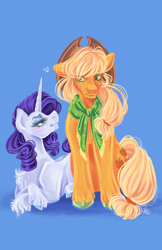 Size: 3300x5100 | Tagged: safe, artist:ashley-the-muffin, derpibooru import, applejack, rarity, earth pony, unicorn, blue background, clothes, commission, duo, female, freckles, heart, horn, lesbian, lidded eyes, lying down, mare, prone, rarijack, scarf, shipping, signature, simple background, smiling, unshorn fetlocks