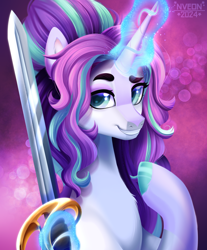 Size: 2110x2550 | Tagged: safe, artist:nveon, derpibooru import, oc, oc only, pony, unicorn, commission, female, glowing, glowing horn, horn, magic, mare, signature, solo, sword, telekinesis, weapon