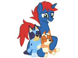 Size: 2048x1536 | Tagged: safe, artist:ry-bluepony1, artist:shieldwingarmorofgod, derpibooru import, oc, oc:train track, dog, pony, unicorn, g4, bingo heeler, bluey, bluey heeler, female, horn, male, simple background, transparent background, unicorn oc