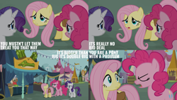 Size: 2000x1125 | Tagged: safe, derpibooru import, edit, edited screencap, editor:quoterific, screencap, bon bon, caboose, fluttershy, lyra heartstrings, pinkie pie, rarity, sweetie drops, g4, putting your hoof down