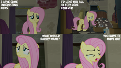 Size: 2000x1125 | Tagged: safe, derpibooru import, edit, edited screencap, editor:quoterific, screencap, fluttershy, smoky, smoky jr., softpad, pegasus, pony, raccoon, g4, season 6, the saddle row review, crying, cute, ears, female, floppy ears, mare, shyabetes