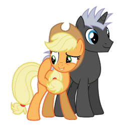 Size: 362x366 | Tagged: safe, artist:chainchomp2 edits, artist:estories, derpibooru import, edit, applejack, dark moon, graphite, earth pony, pony, unicorn, g4, crack shipping, duo, duo male and female, female, horn, looking away, male, mare, nervous, nervous smile, ship:graphitejack, shipping, simple background, smiling, stallion, straight, transparent background, vector, vector edit