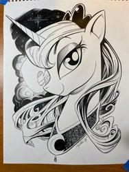 Size: 1536x2048 | Tagged: safe, artist:andypriceart, derpibooru import, princess luna, alicorn, pony, g4, andy price, andy you magnificent bastard, cute, female, ink drawing, mare, moon, paper, partial color, pretty, princess, solo, traditional art