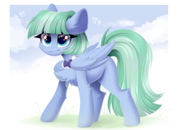 Size: 4096x3015 | Tagged: safe, artist:kebchach, derpibooru import, oc, oc only, oc:silky strings, pegasus, pony, bowtie, chest fluff, female, folded wings, heart, high res, leg fluff, mare, necktie, pegasus oc, smiling, solo, tail, wings