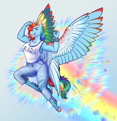 Size: 1672x1734 | Tagged: safe, artist:blackblood-queen, rainbow dash, anthro, pegasus, unguligrade anthro, clothes, colored wings, digital art, female, flying, mare, multicolored wings, pants, rainbow wings, shirt, smiling, solo, torn clothes, wings